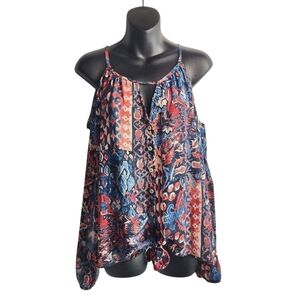 Cha Cha Vente Blouse Women's Multicolor Floral Cold Shoulder vVCut Out Neck Sz M